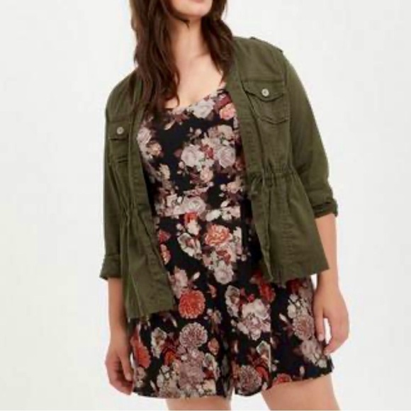 Torrid Jacket Women 00 (Med) Peplum Open Front Drawstring Retro Army Green Twill - Picture 5 of 13